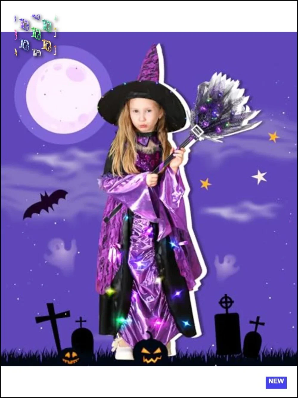 Light Up Witch Costume Dress for Girls Halloween Cosplay with Hat Broomstick
